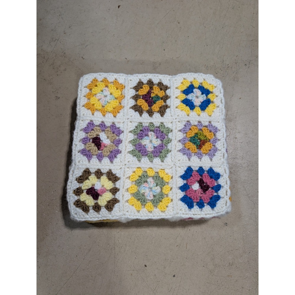 Vintage 13" x‎ 13" Granny Square Pillow White With Multicolor